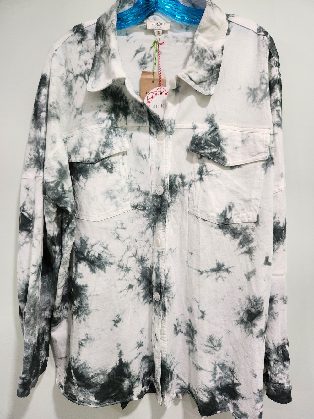 Umgee Black & White Tie-Dye Button Down Shirt with Front Pockets